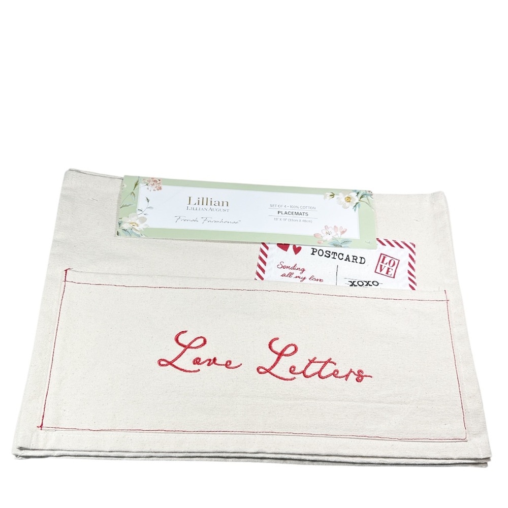 NEW Lillian August LOVE LETTERS Cotton Placemats with Pocket Set/4
